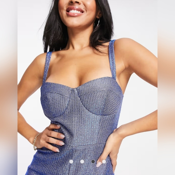 NWOT ASOS Blue Metallic Cupped Flare Jumpsuit Size 10 - Picture 3 of 11